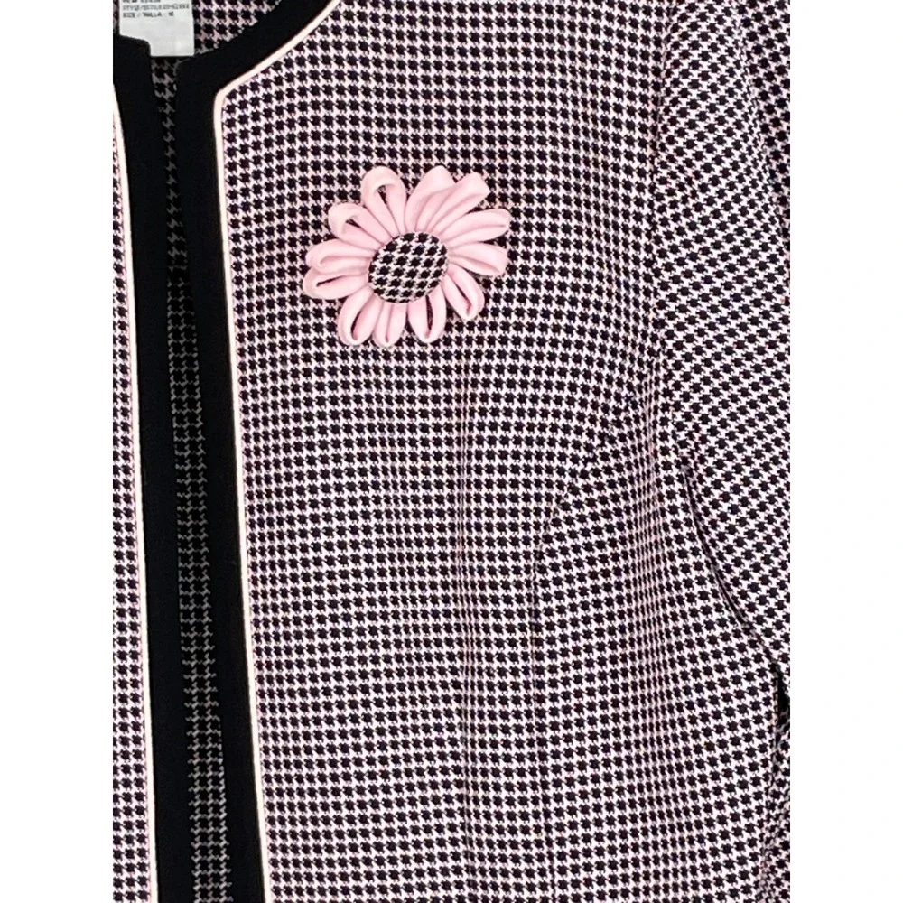 Sag Harbor Womens Jacket 16 Open Front Pink Houndstooth Flower Accent Retro